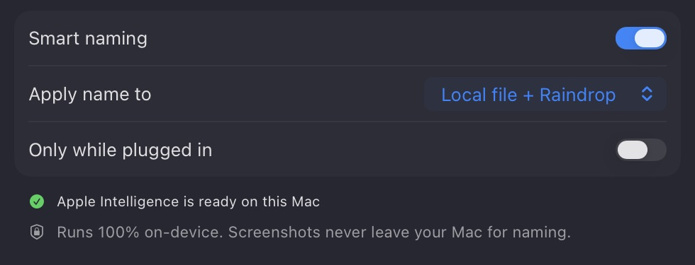 Smart Naming settings with on-device naming enabled and options for where names are applied