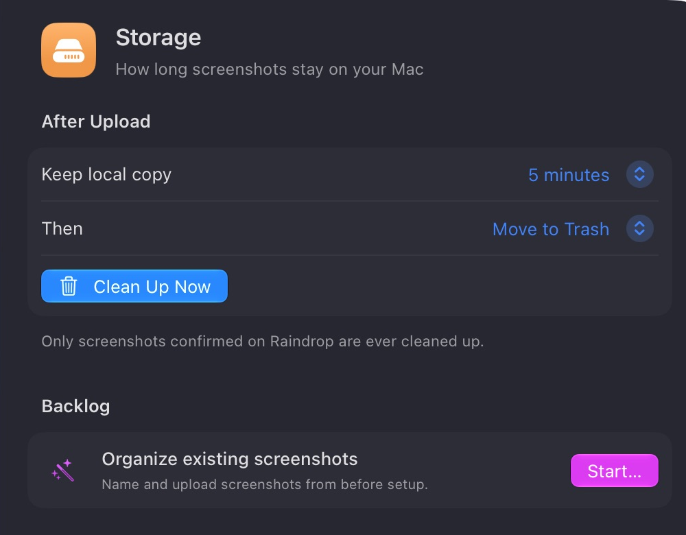 RaindropShot Storage settings showing retention, Move to Trash, and backlog organisation