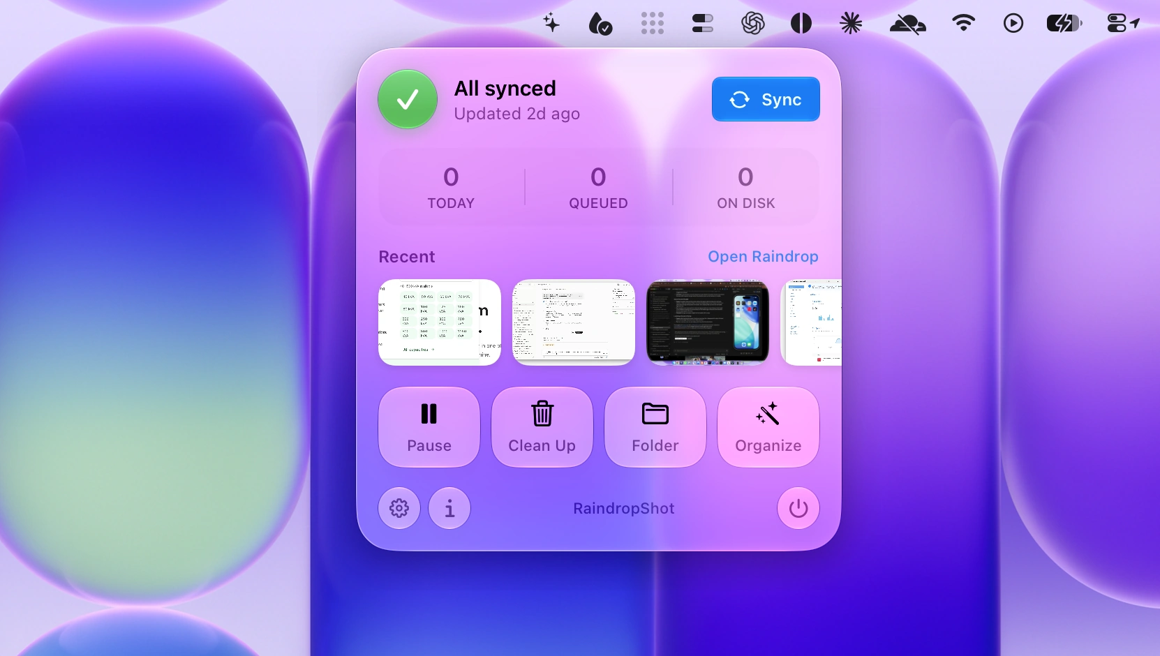 RaindropShot’s menu bar panel open over a purple macOS wallpaper, showing sync status and recent screenshots